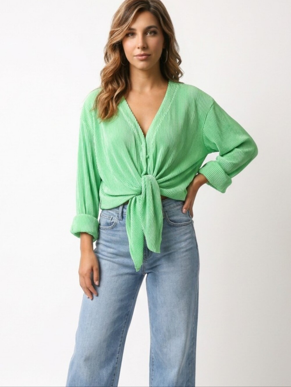 NY&C Convertible Long Sleeve Plisse Top/Mini Dress in Electric Green
